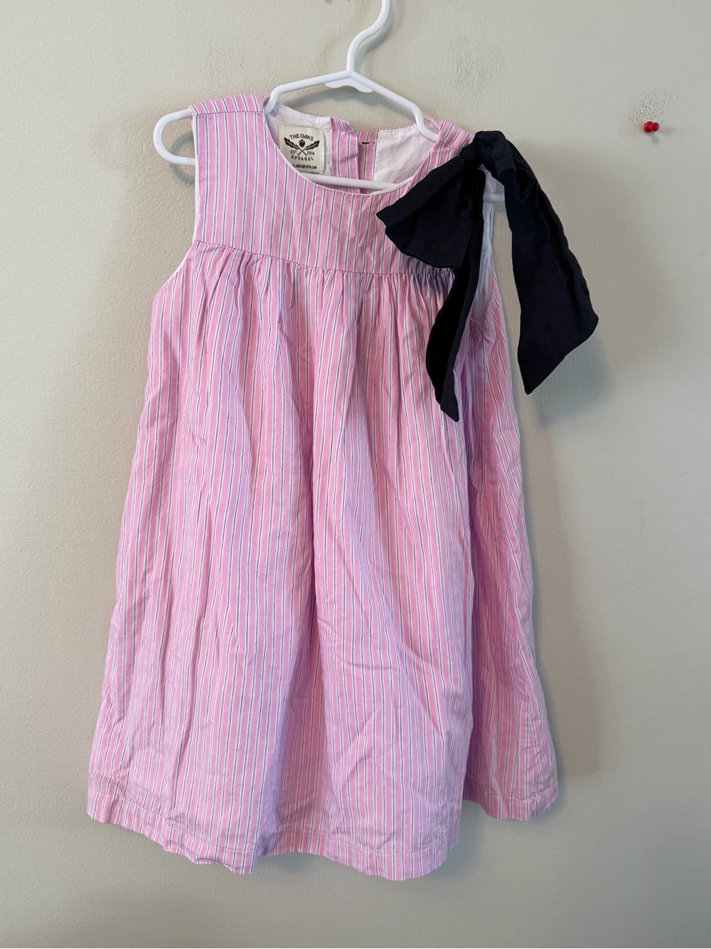 The Oaks Pink & White Striped Sleeveless Dress with Navy Bow